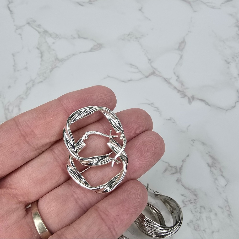 Sterling Silver Hoop Earring Set 3 Pairs Twisted Shrimp Polished 925 19.6g - Picture 9 of 14